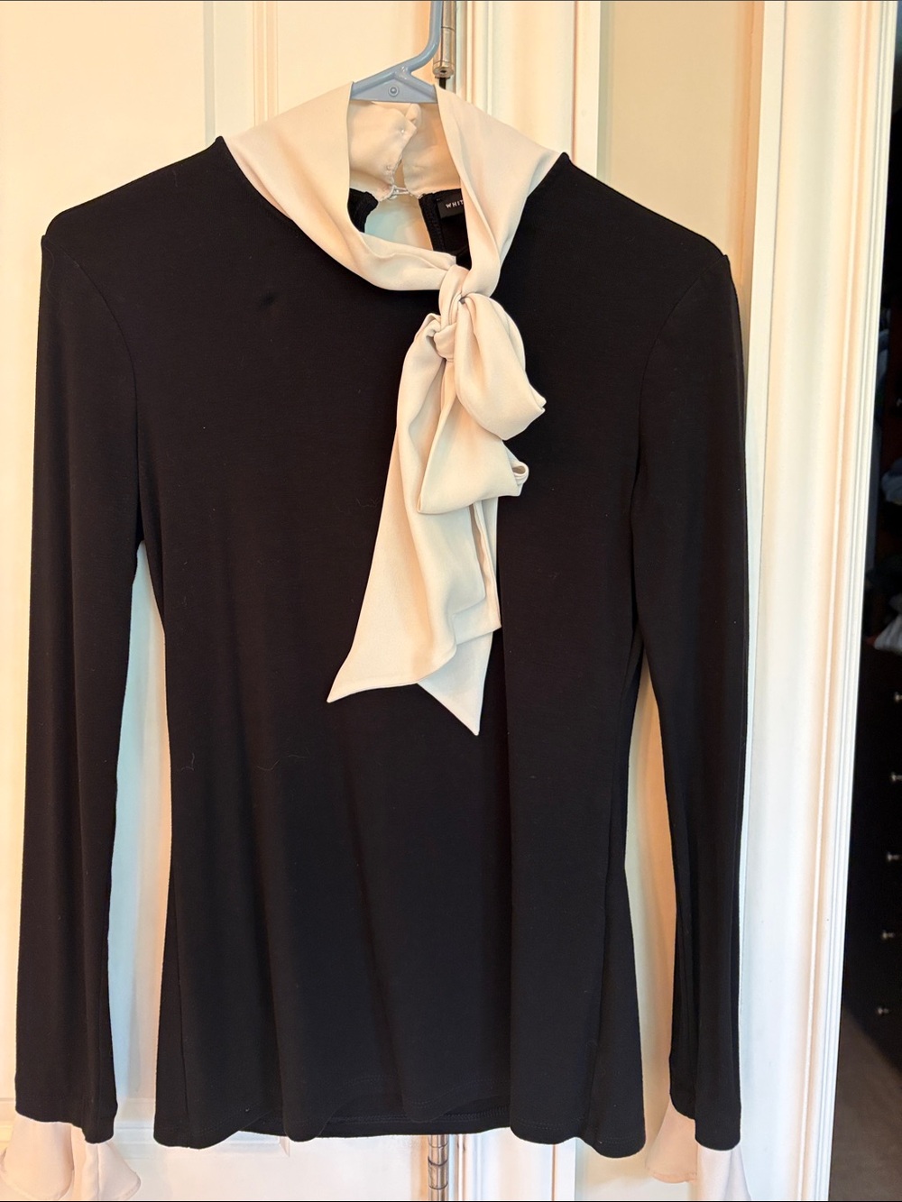 White House Black Market Black Long-Sleeve Top with Cream Neck Tie